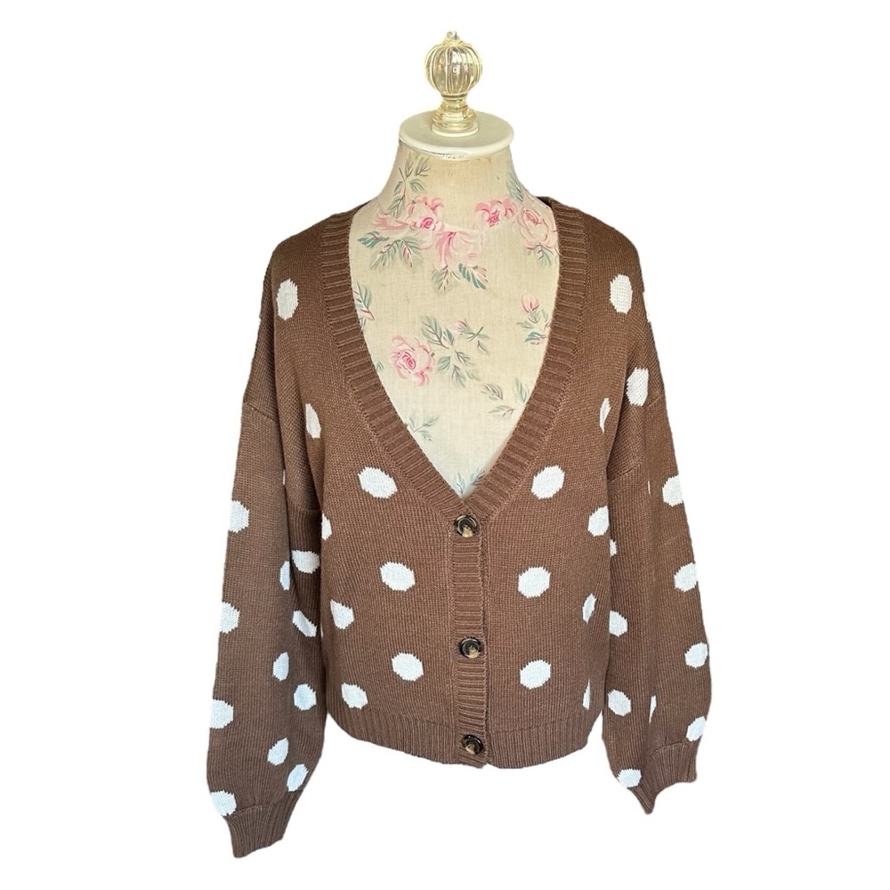 Blu Pepper Brown & White Polka Dot Cardigan – Size Medium - Picture 2 of 9